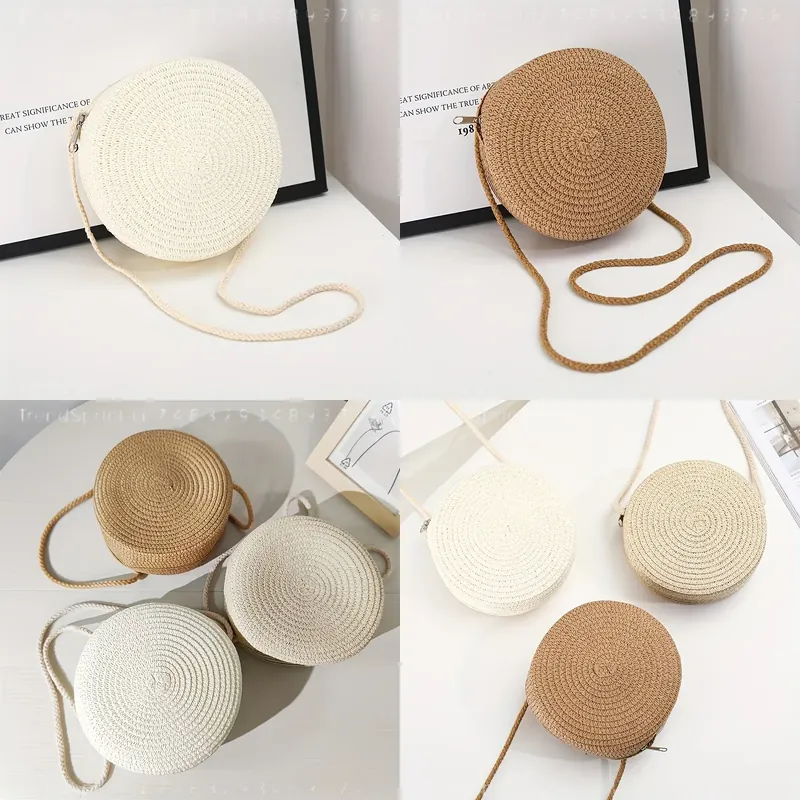 Women Bags Purses - Round Woven Rattan Crossbody Bag for